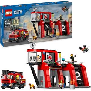 LEGO City Caserma dei Pompieri e Autopompa, Stazione con Camion Giocattolo d'Emergenza, 6 Minifigure, Cane e Accessori, Gioco d'Azione dei Vigili del Fuoco per Bambini e Bambine da 6 Anni in su 60414