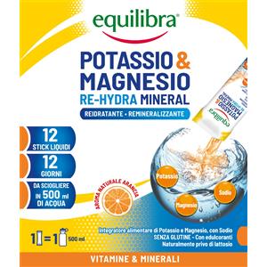 Equilibra Potassio & Magnesio Re-Hydra Mineral - Integratore 12 Stick Liquidi, Gusto Arancia, Senza Zuccheri, per Reintegro Sali e Reidratazione