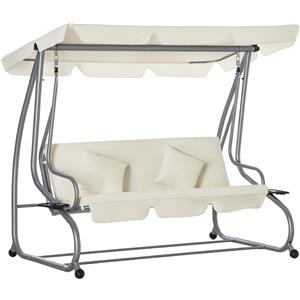 Outsunny Dondolo Letto da Giardino 3 Posti con Tetto Regolabile e 2 Portabicchieri, 200x120x164 cm, Crema|Aosom