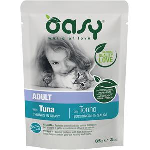 Oasy Cat Bocconcini in Salsa al Tonno - Cibo Umido Completo per Gatti Adulti - 85 gr - Confezione da 12
