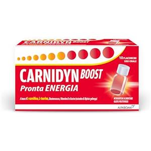 Carnidyn Boost, Integratore per Extra Energia, con Carnitina, Taurina, EnXtra (Alpinia Galanga), Eleuterococco e Vitamine B, Privo di Caffeina, Glutine e Lattosio, Gusto Frutti Rossi, 10 flaconcini