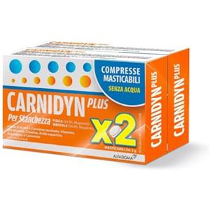 Carnidyn Plus, integratore alimentare supporto per stanchezza fisica e mentale, 2x18 (36) compresse da 3 g masticabili senza acqua, gusto agrumi