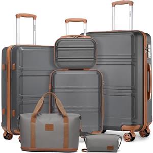 KONO Set di 6 Pezzi Valigie da Viaggio (55/65/74cm) e Beauty Case Rigide Valigia in ABS Trolley con 4 Ruote TSA lucchetto + Borsone da Viaggio Espandibile Palestra + Borsa da Toilette, Grigio/Marrone