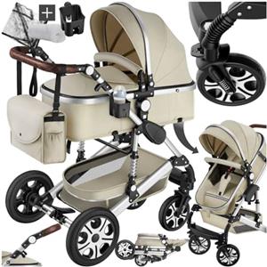tectake® Passeggino Combinato Pieghevole, 2 in 1, Passeggino Leggero con Cintura a 5 Punti Regolabile, Freno a Pedale, Tettuccio Parasole, Passeggino per Bambini da 0 a 3 Anni - Grigio/Beige