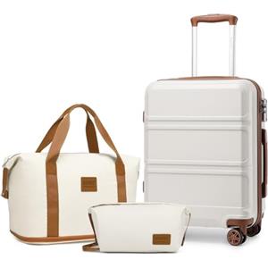 KONO Set di Valigie Trolley Rigido Bagaglio a Mano 55cm con 4 Ruote + Borsone da Viaggio Espandibile Palestra e Borsa da Toilette, Bianco Crema