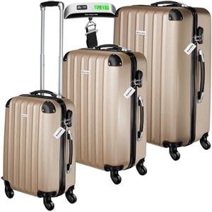 tectake® Set 3 Valigie, Rotelle Girevoli, Trolley Rigidi in ABS, Maniglie Telescopiche, Lucchetti a Combinazione, Set Viaggio con Bilancia ed Etichette per Bagagli - Champagne