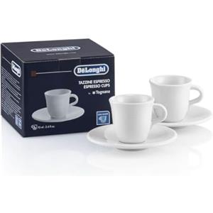 De'Longhi DLSC308 Set di 2 tazzine in porcellana ceramica, Made in Italy, Confortevole da Tenere, Senza Condensazione, Lavabile in Lavastoviglie, Capacità 70ml ciascuna, in dotazione anche i piattini