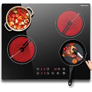 Karinear Piano Cottura Vetroceramica 4 Fuochi, 60cm Piano cottura Elettrico 4 Piastre da Incasso, 6000W Piastra con Blocco di Sicurezza per Bambini, Controllo del Timer, Design Avvolgente