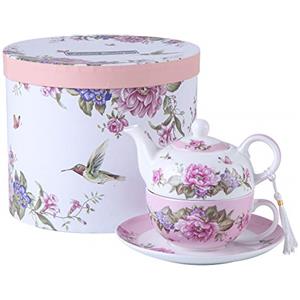 London Boutique Tea for One - Set di teiera, Tazza e suacer Shaby Chic Flora Bird, Rosa e Farfalla, Confezione Regalo in Porcellana (Rosa)