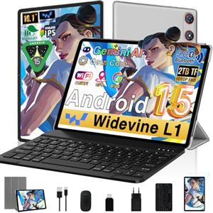 UJJ Tablet 10 Pollici Android 15 ｜ 64GB ROM + 2TB TF｜5G WiFi 6｜Octa-Core 2.0Ghz｜ 5MP + 8MP｜ GMS｜1280 * 800 FHD IPS｜Doppia Fotocamera ｜Bluetooth 5.0｜ 2026 Newest Tablet 2 in 1 con Tastiera e Mouse, Argento