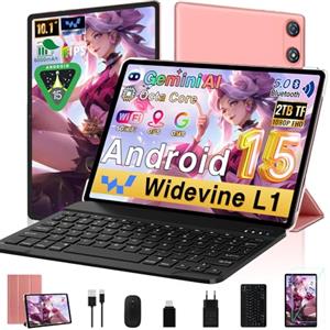 UJJ 2026 Newest Tablet Android 15 10 Pollici ｜ 64GB ROM + 2TB TF｜5G WiFi 6｜Octa-Core 2.0Ghz｜ 5MP + 8MP｜ GMS｜1280 * 800 FHD IPS｜Doppia Fotocamera ｜Bluetooth 5.0｜Tablet 2 in 1 con Tastiera e Mouse (Rosa)