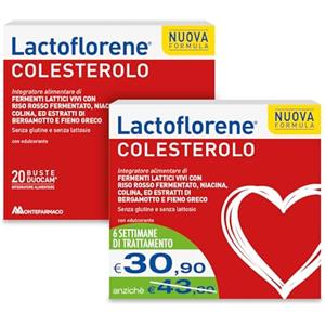 LACTOFLORENE Colesterolo, Fermenti Lattici con Probiotici, Fieno Greco, Riso Rosso, Colina, Niacina, Bergamotto, Senza Glutine Senza Lattosio - Integratori Adulti (2 Pack 20+20 Bustine)