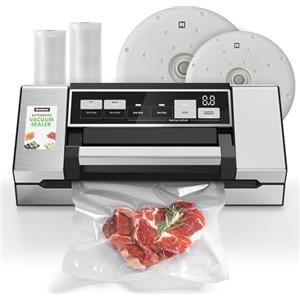 Mesliese Macchina Sottovuoto 95kPa 140W 20L/min +2 Coperchi | Doppia saldatura, taglierina integrata, vano rotoli, 2 coperchi sottovuoto per barattoli e vasetti, 20L/min aspirazione