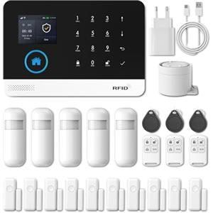 PGST Allarme Casa Senza Fili, 24 Pezzi WIFI/GSM SMS Sistema Antifurto con Sirena Allarme 120dB,Telecomando Intelligente,Display LCD, Invite vocale, Sicurezza per la casa,ufficio,Compatibile con Alexa