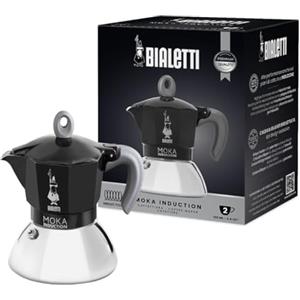 Bialetti Caffettiera Moka Induction, 2 Tazze (100 ml), Adatta a Tutti i piani cottura, Design Elegante, Nero