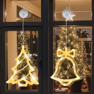 LEDYA Luci LED ad Albero di Natale, 2 Pezzi, Tenda di 10 LED, Catena Luminosa Bianco Caldo, a Batteria con Ventosa e Timer, Luci da Finestra per Decorazioni Natalizie, Festa, Matrimonio