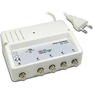 METRONIC 332175 Amplificatore splitter Antenna TV Digitale Terrestre Interno - Potenziatore di Segnale con Alimentatore, 26 dB, regolazione guadagno/4 uscite spina F - Blanco