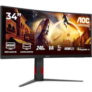 AOC Gaming CU34G4Z - Monitor curvo WQHD da 34 pollici, 240 Hz, FreeSync Prem., HDR400 3440x1440, 1ms GtG, 2x HDMI 2.1, 1x DisplayPort 1.4, USB Hub nero-rosso, 34 inch WQHD