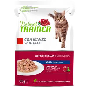 Natural Trainer Cat Adult Manzo Bocconcini in Salsa 85 g - Alimento Completo per Gatti Adulti con Estratto di Mirtillo Rosso