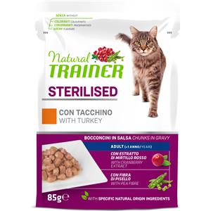Natural Trainer Cibo Umido per Gatti Adulto Sterilizzato con Bocconcini di Tacchino in Salsa - Bustina da 85g