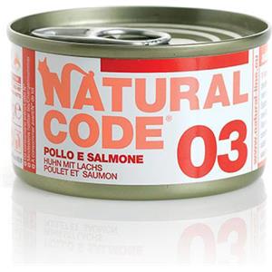 Natural Code 03 Pollo e Salmone - Cibo Umido per Gatti Adulti in Lattina da 85g, Senza Conservanti e Glutine