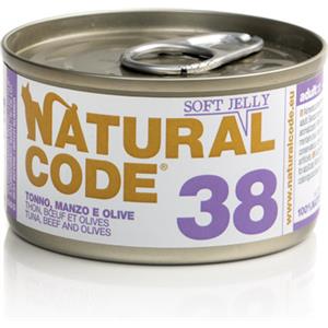 Natural Code 38 Cibo Umido per Gatti - Tonno, Manzo e Olive in Jelly 85g - Senza Conservanti e Coloranti