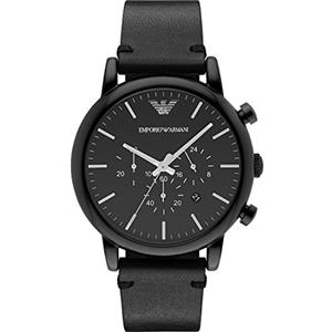 Emporio Armani Orologio da uomo, movimento cronografo al quarzo, cassa in acciaio inossidabile nero da 46 mm con cinturino in pelle, AR1918, Nero, 46 mm