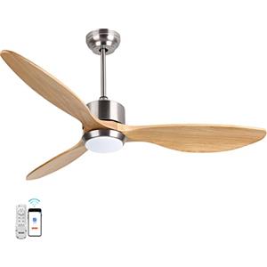 Ovlaim 132 cm Ventilatore da soffitto con luce e telecomando, 6 velocità, luce LED in 3 colori, motore DC, timer, per soggiorno, camera da letto, Legno Naturale