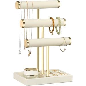 Josmimic Portagioie a 3 Ripiani - Espositore Beige per Bracciali, Espositore Rimovibile con Barra a T, Portabracciali in Velluto, Portagioie per Bracciali, Collane, Orologi, Anelli