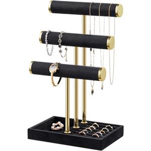 Josmimic Portagioie a 3 Ripiani - Espositore Nero per Bracciali, Espositore Rimovibile con Barra a T, Portabracciali in Velluto, Portagioie per Bracciali, Collane, Orologi, Anelli
