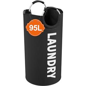 IHOMAGIC 95L Cesto Portabiancheria Sporca per Bagno, Grandi Cesta Portabiancheria con Manico, Portatile Portabiancheria Sporca Salvaspazio, Cestino Panni Sporchi Pieghevole per Viaggi, Famiglia, Nero