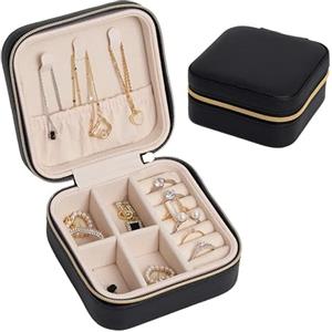 Aidodo Piccolo Portagioie da Viaggio, Scatola Portagioie Donna, Porta Gioielli in Pelle PU per Gioielli,Anelli,Orecchini,Collane (Nero)