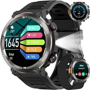Baolubao W50Pro Smartwatch Uomo con Effettua o Risposta, 1.45"HD Orologio con 100Giorni StandbyBatteria/LED Torcia/Bussola, 24/7 Monitoraggio Salute (Frequenza Cardiaca/Sonno/SpO2) per Android iOS(2 Cinturini)