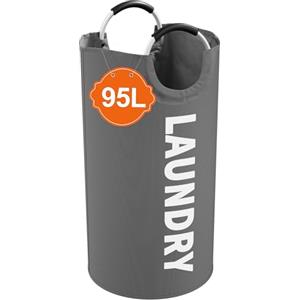 IHOMAGIC 95L Grandi Cesto Portabiancheria con Manico, Cesta Portabiancheria Sporca Salvaspazio, Cesta Panni Sporchi Pieghevole, Portabiancheria Sporca Durevole per Campeggio, Cucina, Grigio Scuro