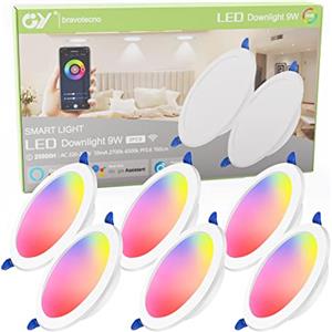 GY Downlight LED da soffitto da incasso intelligente WIFI, 9 W (75 W) 760 LM RGB e bianco dimmerabile 2700 K-6500 K, faretti LED interni IP44, compatibile con Smart Life, Alexa e Google(6 unità)