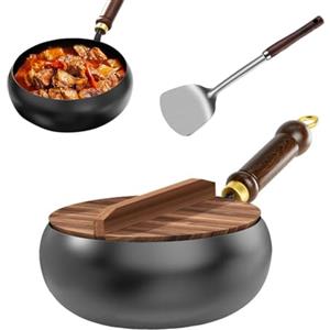 TECKZOON Padella Giapponese in Ferro Forgiato a Mano 24cm, Ferro Puro, Senza Rivestimento & Antiaderente Naturale, con Coperchio in Legno e Spatola, Adatta per Induzione, Gas ed Elettrico