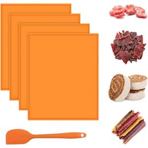 Yiomxhi 4 Pezzi Fogli Disidratatore in Silicone, Tappetini Disidratatore per Alimenti Rriutilizzabili Antiaderenti, Cottura a Vapore Stuoia per Essiccatore di Frutta Quadrati con Raschietto (Arancia)