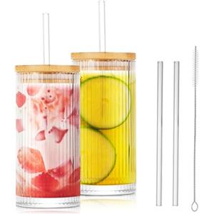MIUUIPI Bicchieri in vetro trasparente, 2 bicchieri da 760 ml, con coperchio e cannuccia, bicchieri da caffè freddo, bicchieri da long drink, design impermeabile, ideali come caffè