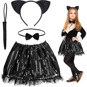 Fennoral 4pcs Costume da Gatto Nero Bambina Costume Gatto per Bambini Kit Travestimento Gatto Gattina Cosplay Orecchie da Gatto Fascia Papillon Coda tutù per Bambina Halloween Imitazione Festa Regalo