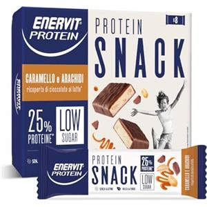 Enervit, Protein Snack con Arachidi e Caramello, Low Sugar, Ricoperta di Cioccolato al Latte, Barrette Proteiche, Ricche in Fibre, Per il Controllo del Peso, Senza Glutine, 8 Barrette da 31g