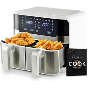 MasterPRO Rocket Duo 900 | Friggitrice Senza Olio Doppia | Bianco | Capacità da 9 L e 2400 W di Potenza | Schermo LED Touch e Cestello Antiaderente | Friggitrice ad Aria | 11 Funzioni Diverse in 1