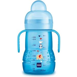 MAM Trainer Night 220 ml, Biberon acqua 4+ mesi con manici che si illuminano al buio, Borraccia neonato con tettarella antigoccia e beccucio extra-morbido, Accessori neonato antiscivolo, Azzurro