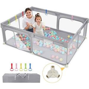 Dripex Box Bambini 150 x 200 cm, Recinto per Bambini, Box Neonato, Recinto Neonato con Rete Traspirante, 300D Oxford tessuto, 5 Pezzi Anelli, Grigio