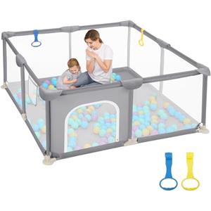 Dripex Box Bambini 124x124 cm, Recinto per Bambini, Box Neonato, Recinto Neonato con Rete Traspirante, Tessuto 210D Oxford, 2 Pezzi Anelli, Grigio