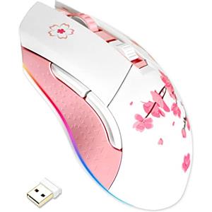 DAREU Mouse Gaming Sakura Pink wireless, 2 mode con 6 pulsanti programmabili, 10K DPI, RGB e 7 livelli DPI regolabili fino a [150 IPS] [frequenza di polling 1000 Hz] per PC, notebook e Mac