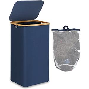 efluky Cesto porta Biancheria Sporca, Porta Biancheria Sporca per Bagno, cesto per panni sporchi XL 100 Litri con Manici in bambù per Vestiti, Pieghevole Cesta Panni Sporchi, Blu