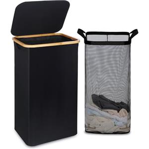 efluky Cesto Portabiancheria Grande con Coperchio, cesta Portabiancheria cesto panni sporchi Alto 120 Litri con Manici in bambù per Vestiti, Pieghevole XXL porta biancheria sporca