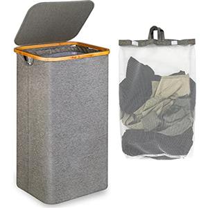 efluky Cesto Portabiancheria Grande con Coperchio, cesta Portabiancheria cesto panni sporchi Alto 100 Litri con Manici in bambù per Vestiti, Pieghevole XXL porta biancheria sporca Grigio