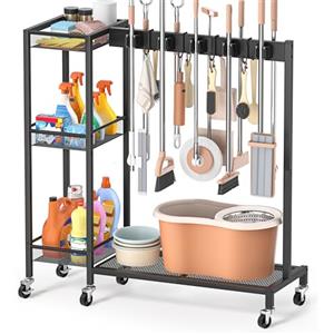 Bikoney Porta Scope e Organizzatore per Prodotti di Pulizia - Soluzioni di Stoccaggio per Lavanderia e Ripostiglio con Supporto per Attrezzi, Porta Spazzole, Ganci, Griglie per Mop, Carrello per Pulizie