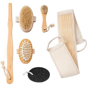 Uervoton 6 PCS Set Spazzole per Spazzolatura a Secco Corpo - Set Spazzola Corpo con Manico Lungo in Legno con Pietra Pomice & Spazzola Viso & Guanto Esfoliante, Spazzola Scrub Doccia con Setole